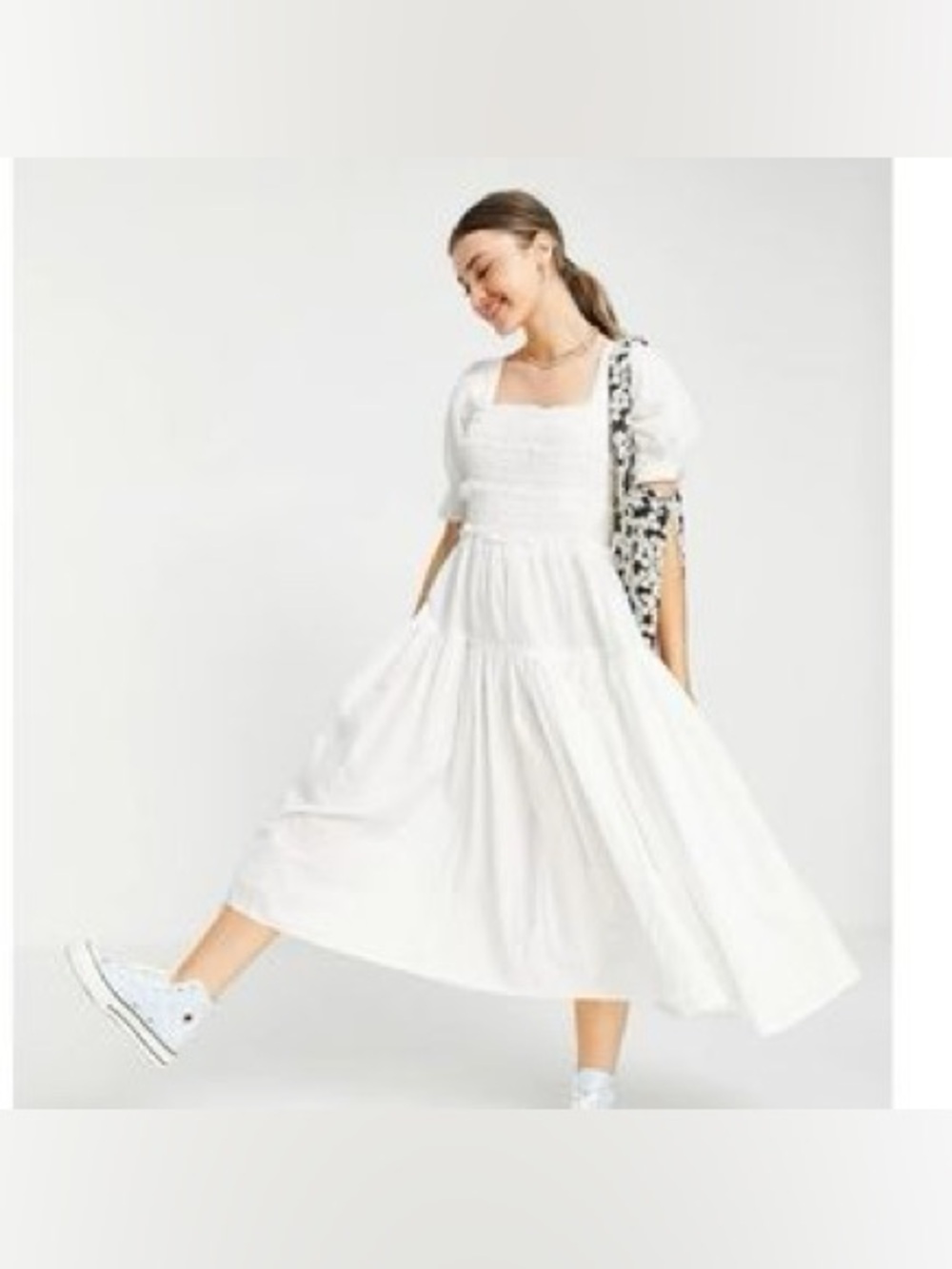 ASOS DESIGN square neck shirred raw edge midi skate dress in white